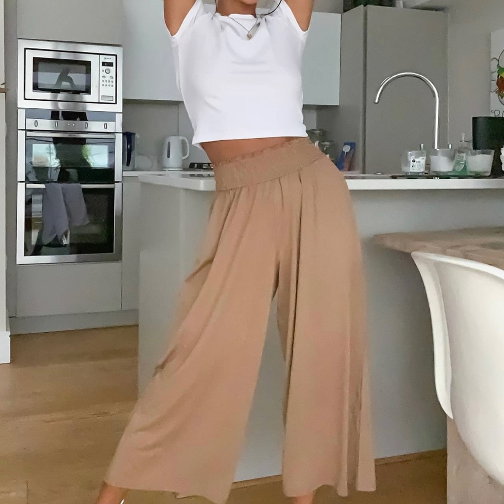 Petite culotte pants with shirred waist in sand